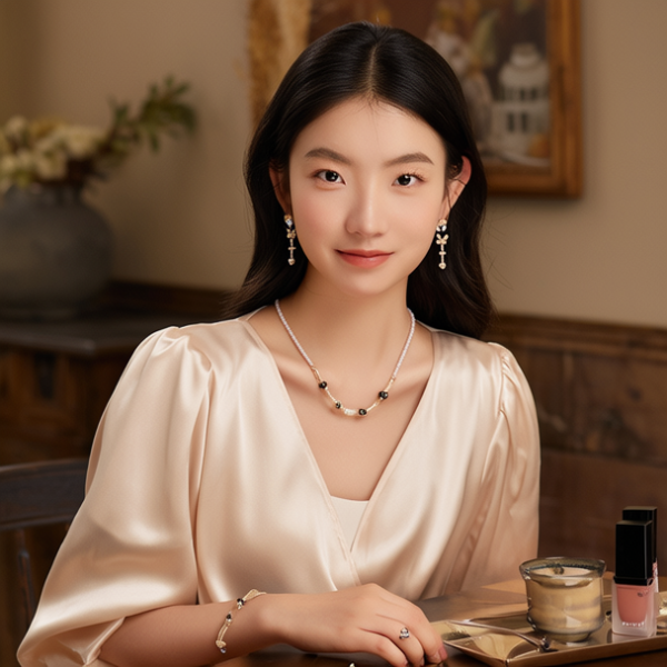 生活瞬间，美女，韩系美女，丝绸，美妆广告，家庭餐桌，4K超清，写实风格，温馨，柔和室内光，细腻皮肤，项链，耳环，手链。