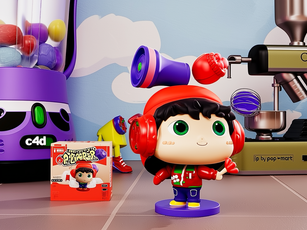 3D玩具，ip，赛博朋克风格，可爱的小男孩，真正美丽的眼睛，简单的背景，最好的质量，c4d，搅拌机，3D模型，玩具，全身，看着观众，超级细节，干净的背景，ip+by+pop+mart，实物盲盒，生动的颜色，街头风格，高分辨率，很多细节，皮克斯，糖果色，大鞋子，时尚潮流，艺术