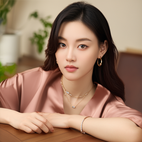 生活瞬间，美女，韩系美女，丝绸，美妆广告，家庭餐桌，4K超清，写实风格，温馨，柔和室内光，细腻皮肤，项链，耳环，手链。